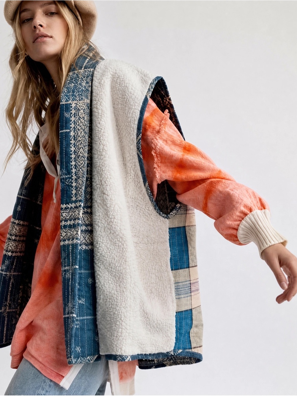 Free People We The Free Vera Vest Reversible Quilted PlaidVest Indigo and Fur